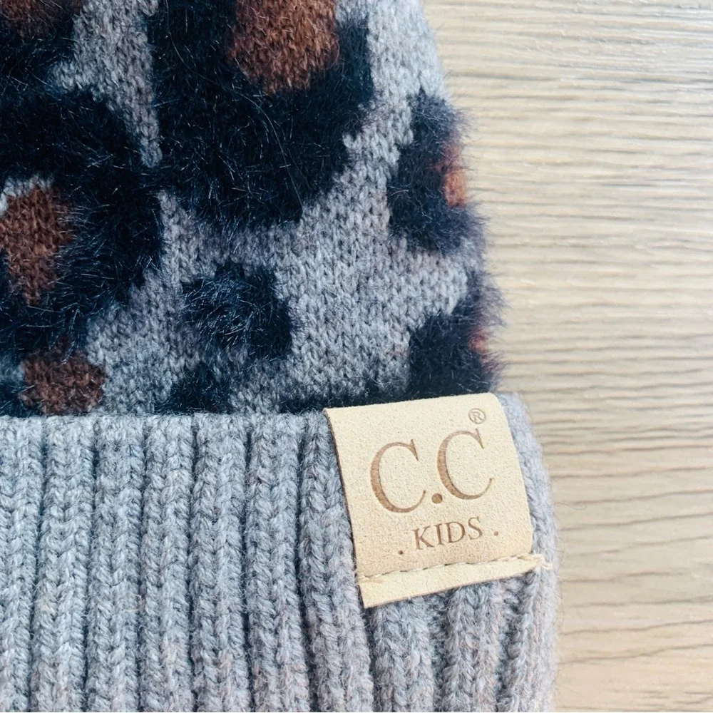 C.C. Kids Gray Brown Black Faux Fur Pom Pom Soft Knit Beanie | NWT